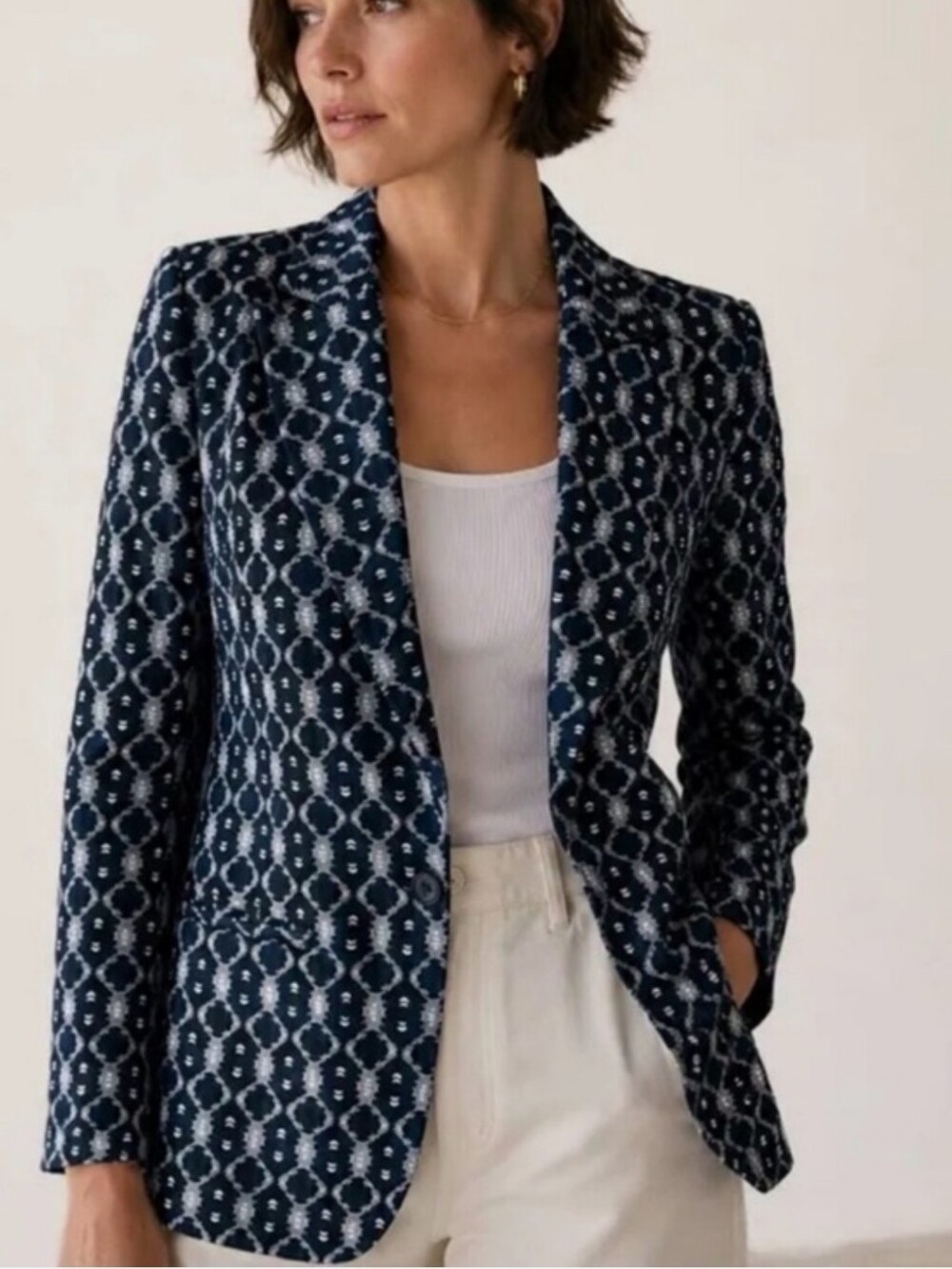 Liverpool Navy White Ikat Print Blazer Womens M NWT Lightweight Jacket